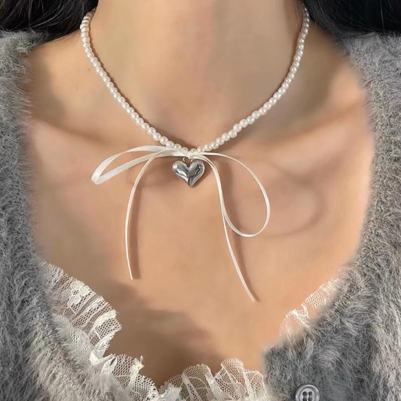 Pearl Ribbon Bow Choker Necklaces Y2k Coquette Necklace for Women - color: White