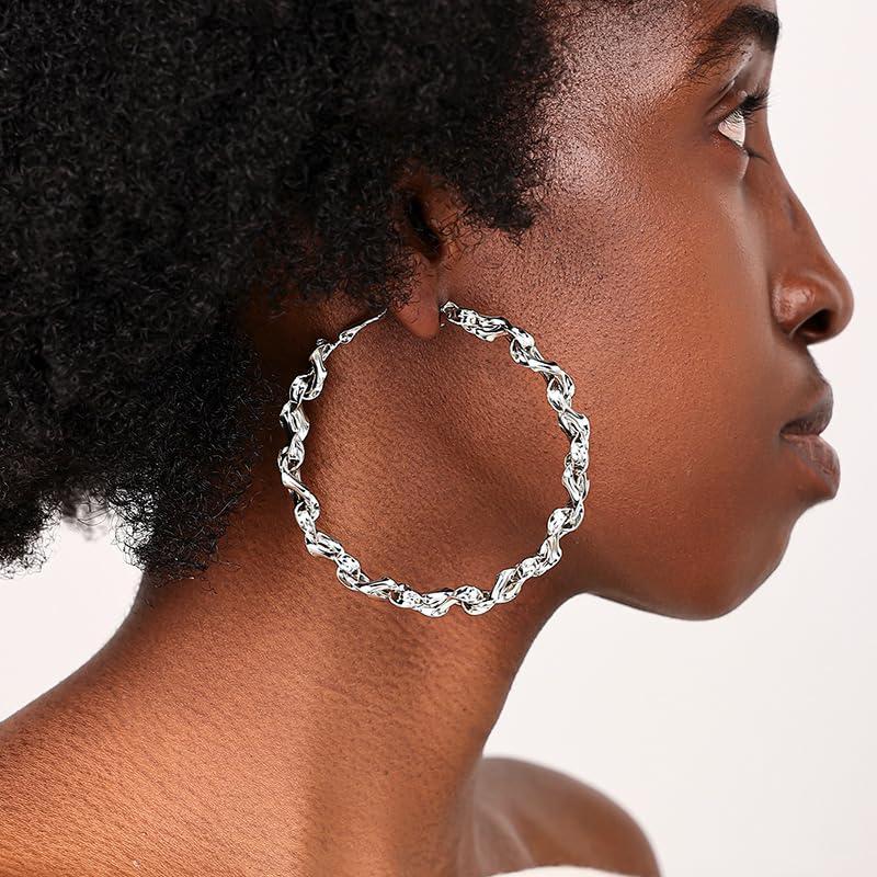 Twisted Rope Hoop Earrings for Women Chunky Big Large Hoop Earrings Minimalist Round Circle Huggie Hoops Earrings Gift - color: silver