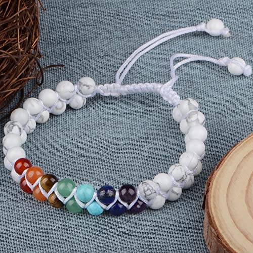 MASSIVE BEADS Double Layer Natural Chakra Healing Power Crystals Macrame Bracelet Yoga Stone Beads Gemstone Meditation Relax Anxiety Bangle for Unisex Women Men - color: 7-Chakras&Howlite, size: 4mm