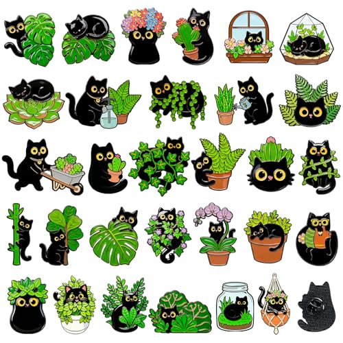 30/60 Pcs Cute Enamel Pins Bulk Plant Flower Animal Halloween Gothic Fall Pumpkin Cartoon Lapel Pin Brooches Jewelry Gift for Backpack Clothes Hats Accessories - style: Black Cat