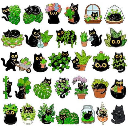 30/60 Pcs Cute Enamel Pins Bulk Plant Flower Animal Halloween Gothic Fall Pumpkin Cartoon Lapel Pin Brooches Jewelry Gift for Backpack Clothes Hats Accessories - style: Black Cat