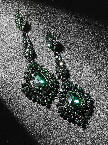 Crystal Teardrop Dangle Earrings - S925 Sterling Silver Posts Rhinestone Drop Earrings for Women Wedding Bridal Brides Bridesmaids Party Prom Pageant Fashion Costume Jewelry - style: green crystal teardrop dangle earrings black