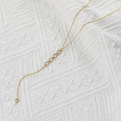 Foxgirl Lariat Gold Necklace for Women, Dainty Long Necklace 14k Gold Plated/Silver Y-Shaped Pendant Necklace Trendy Layered Cz Beaded Chain Drop Necklaces Simple Gold Jewelry For Women Gift - color: Y CZ Lariat Necklace-GD