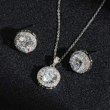 Bridal Crystal Jewelry Set - Sterling Silver Round Cubic Zirconia CZ Rhinestone Halo Birthstone Pendant Necklace Stud Earrings Set for Wedding Bride Bridesmaids Birthday Gift - color: White Gold