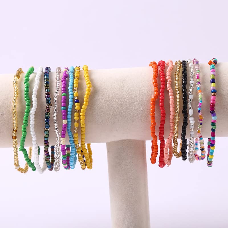 Soyzvteo 17Pcs Elastic Beaded Bracelets Bohemian Stackable Beaded Stretch Bracelets Colorful Boho Beach Bracelet Set Rainbow Handmade Seed Beach Bracelet Jewelry - color: 17Pcs
