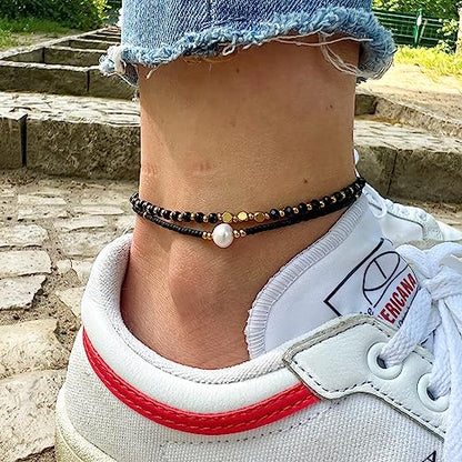 Made by Nami Boho Surfer Anklet Waterproof & Adjustable Beaded Anklets for Women Beachy Ankle Bracelet Made from Waxed Cotton Rope and Beads for Summer and Hippie Style - color: Black Pearl