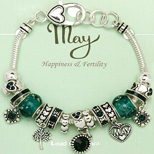 Falari Birthstone Bracelet Multi-Color Charm Beads Silvertone Birthday Gifts for Women - color: 05-May