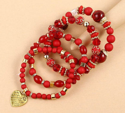 Women Beaded Bracelet Set | Colorful Boho Stackable Trendy Design with Crystal Accents Multilayer Bangle Bracelet | Fashion Stretch Braclets Jewelry for Women - color: Dark Red