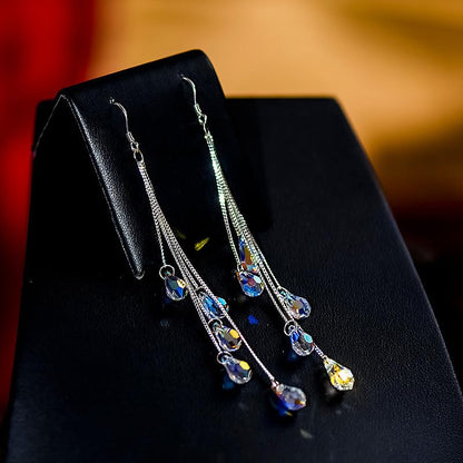 1 Pair Teardrop Brass Glass Tassel Dangle Earrings Sparkly Long Crystal Tassel Statement Dangle Earrings for Women Party Prom Gifts