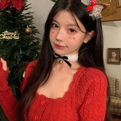 CJIAYUJEW Red Bow Velvet Choker Necklace Sexy Faux Fur Collar Bowtie Long Wrap Rope Neck Chain with Gold Pendant Bell Party Neck Accessories for Women - color: C