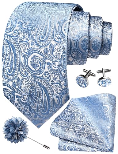 GUSLESON 3.15"（8cm） Mens Tie and Lapel Pin Paisley Necktie Hankerchief Cufflinks Set for Men - color: Dusty Blue