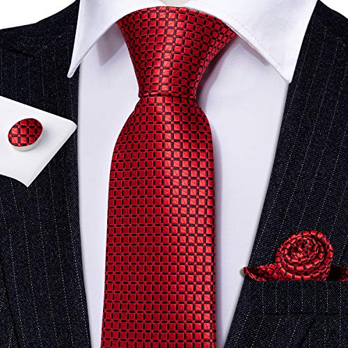 YOHOWA Men Plaid/Striped Ties Clip Set Silk Necktie Pocket Square Cufflinks | Woven Classic,Formal/Casual Mens Tie,Pocket Square Cufflinks Set,Luxury,Business,Wedding,Party,Prom,Graduation - color: A Red Fashion Plaid
