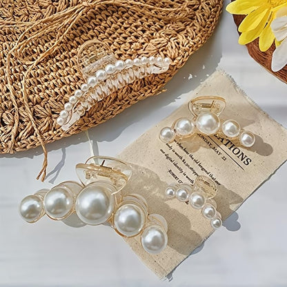 4PCS Multi-Size Faux Pearl Hair Claw Clips Set - Adjustable French Barrettes for Thick/Thin Hair, Wedding/Party Hair Accessories with 4 Different Sizes