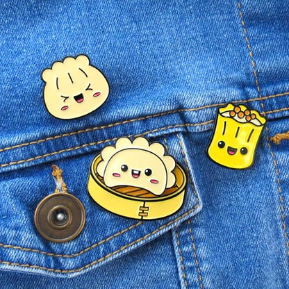 Enamel Pin Set (2 Pins Per Set) for Backpack, Bag, Lapel, Noodles, Food, Kawaii Button Collector - style: Dim Sum & Basket