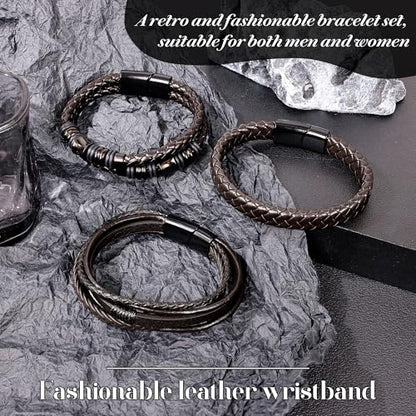 REVOLIA 3Pcs Black Leather Bracelets for Men Women Braided Leather Wristband Cuff Bracelets Multi-Layer Braided Leather Bracelets Set 7.5-9 Inches - color: Brown