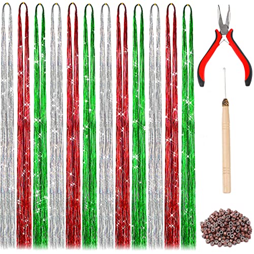 FEBSNOW Hair Extension Tinsel, 2400 Strands Christmas Tinsels with Tool | 47Inch Sparkle Hair Accessories, Glittering Heat Resistant Fiber, Women Girls Hair Styling, Christmas New Year Party Makeover - color: Multi 3 colors