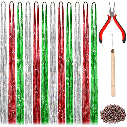 FEBSNOW Hair Extension Tinsel, 2400 Strands Christmas Tinsels with Tool | 47Inch Sparkle Hair Accessories, Glittering Heat Resistant Fiber, Women Girls Hair Styling, Christmas New Year Party Makeover - color: Multi 3 colors