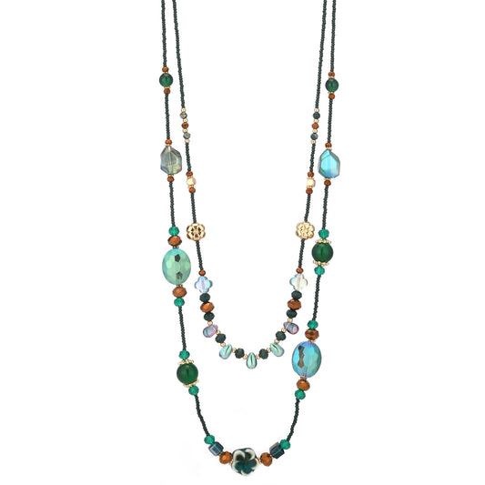 FULU AUTUMN Long Layered Beaded Necklaces for Women Statement Double Bead Strand Ceramic Flower Boho Jewelry Gifts for Mom - color: Green