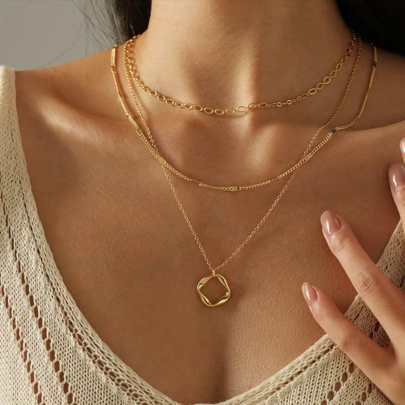 Gold Layered Necklaces for Women, 14K Gold Plated Paperclip Snake Chain Necklace Set, Dainty Coin Cross Tear Pendant Layering Choker Necklaces, Simple Trendy Stackable Jewelry Gifts - color: 3PCS / Twisted Circle & 2 Chains