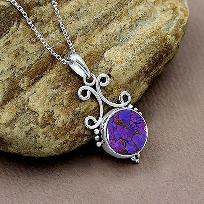 Natural Round Gemstone Pendant Necklace for Women, 925 Sterling Silver | Solitaire Birthstone Jewelry With 18 Inch Chain, Handmade Semi Precious Stone Pendant, Jewelry Gift for Mom, Wife & Sister - color: Purple Copper Turquoise