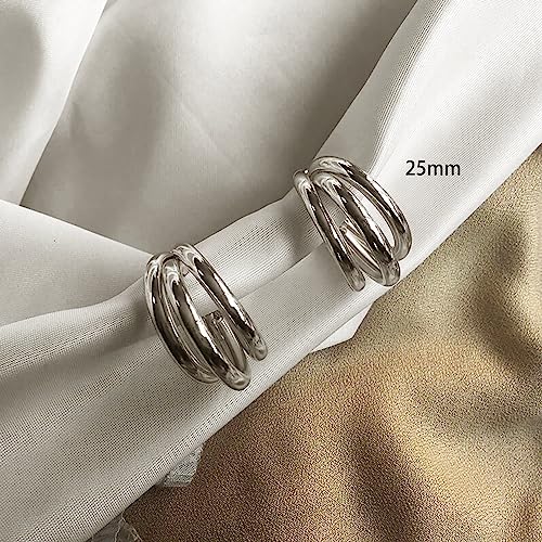 Chunky Gold Hoop Earrings for Women 14k Gold Plated Thick Triple Earrings | Hypoallergenic Trendy Chunky Gold Hoops Earrings,Dainty Jewelry Gifts for Women - style: Silver Triple-Layer Overlap Earrings (Small)
