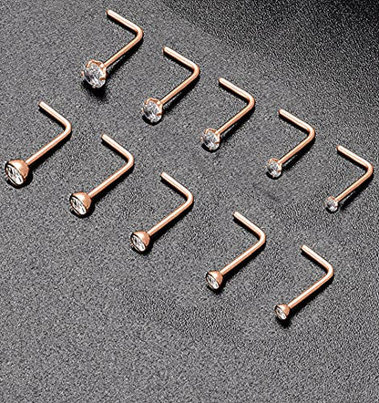 20G 10Pcs Stainless Steel L Screw Bone Shaped Nose Studs Rings Square Round CZ Nose Ring Labret Nose Piercing Jewelry for Men Women Silver Tone 1.5mm-2mm-2.5mm-3mm-3.5mm CZ - style: D:10Pcs,L Shaped(Rose Gold Tone)