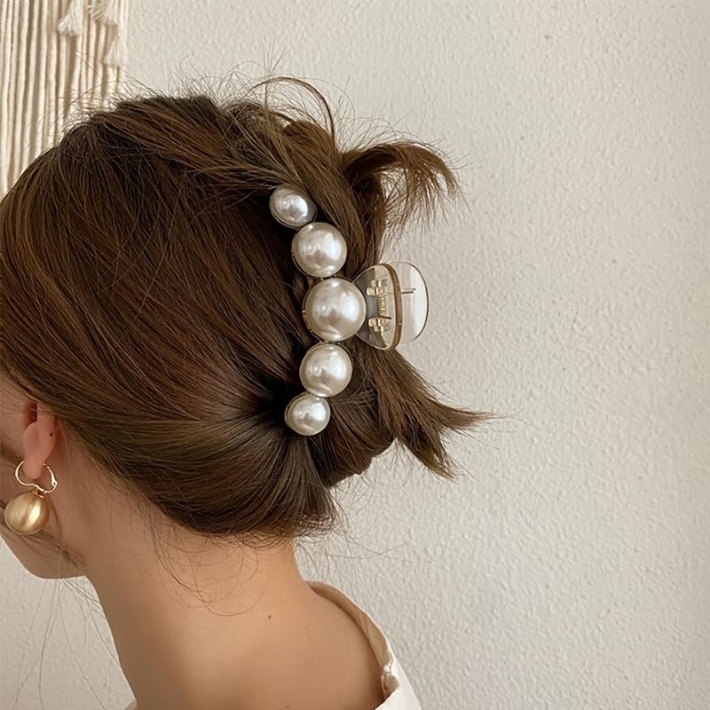 4PCS Multi-Size Faux Pearl Hair Claw Clips Set - Adjustable French Barrettes for Thick/Thin Hair, Wedding/Party Hair Accessories with 4 Different Sizes