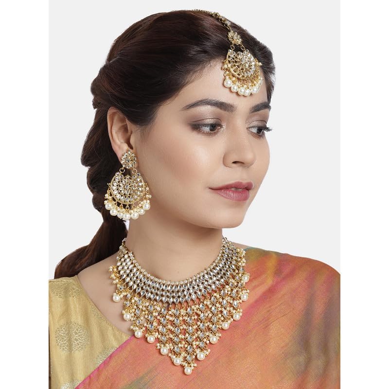 Aheli Elegant Indian Wedding Wear Faux Kundan Studded Choker Necklace with Maang Tikka Set Ethnic Fashion Jewelry for Women Maroon Kundan & Pearl Drop - color: White