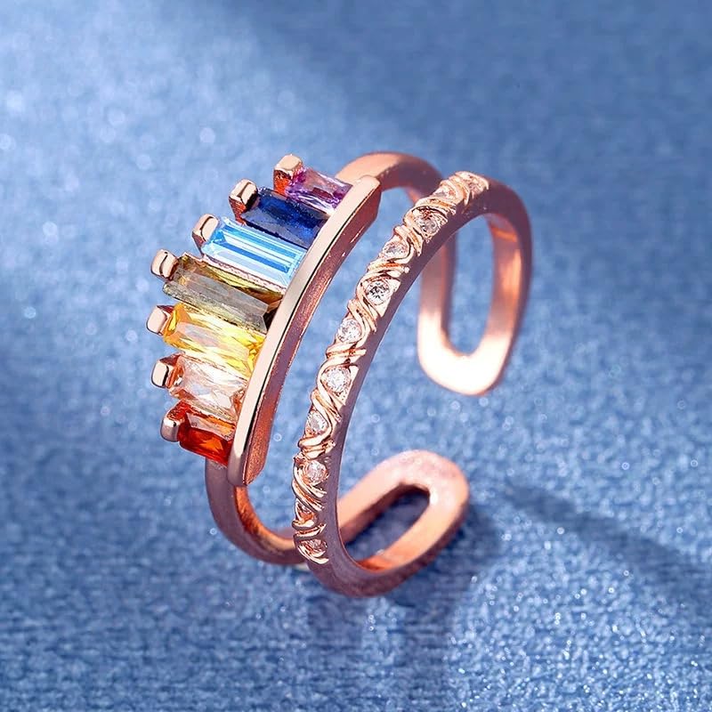 MALOYANVE Rhinestone Crown Open Ring for Women, Colorful Crystal Cubic Zirconia, Rainbow, Adjustable, Elegant Princess Queen Statement Promise Wedding Jewelry - color: Rose Gold