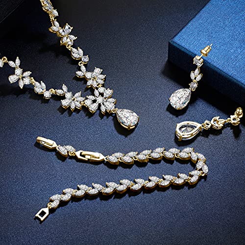 GULICX Wedding Jewelry for Bride, Silver Bridal Necklace Earrings Bracelet Set with Clear Cubic Zirconia, Bridemaids Jewelry Set for Wedding, Crystal Wedding Party Jewelry Set for Women Girls - color: Gold Plated