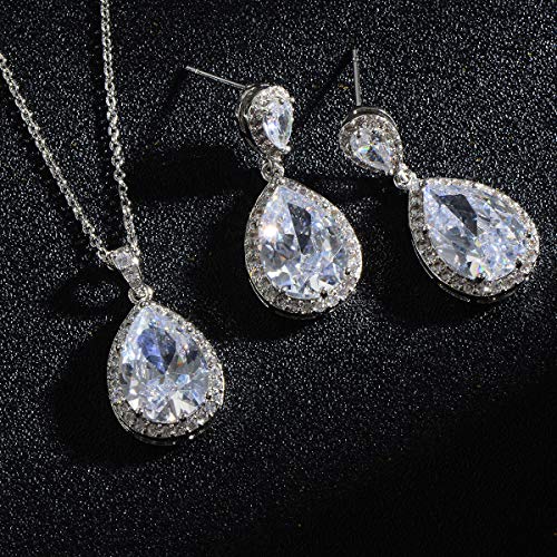 Bridal Jewelry Set for Wedding - 18k Plated Teardrop CZ Crystal Cubic Zirconia Rhinestone Necklace Earrings Set for Bride Bridesmaids Mother of Bride Party Prom Birthstone Costume Jewelry - color: Apr-Diamond