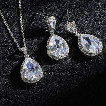 Bridal Jewelry Set for Wedding - 18k Plated Teardrop CZ Crystal Cubic Zirconia Rhinestone Necklace Earrings Set for Bride Bridesmaids Mother of Bride Party Prom Birthstone Costume Jewelry - color: Apr-Diamond