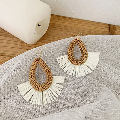 Bohemia Tassel Earrings Statement Handmade Dangle Ethnic Fringe Earrings Bamboo Weaving Geometric Square Sector Gifts for Women - color: waterdrop raffia