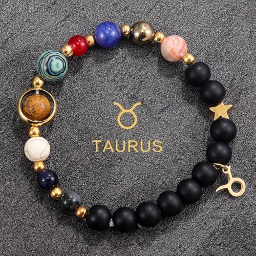 Solar System Planet Bead Zodiac Sign Stretch Bracelet for Men Women | Matte black beads with solar system planet stones, unisex design, perfect birthday holiday gift for men women - color: taurus