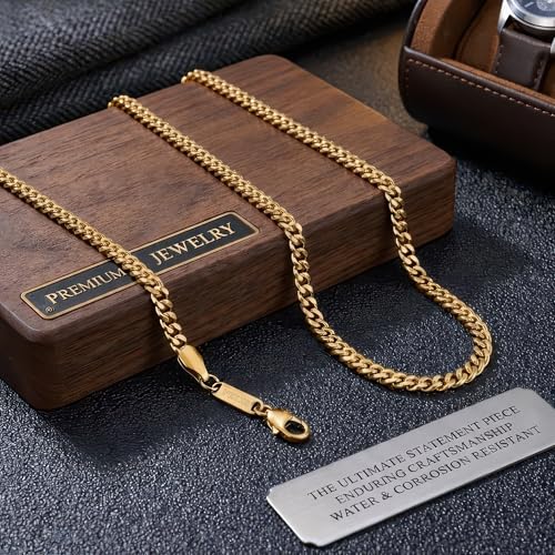 VEXXS Men's Gold Chain,18K Real Gold Filled Cuban Link Chains, 316L Stainless Steel Durable No Color Fading 3mm 4mm 6mm Men’s Necklace Chain Urban Fashion Street Wear Gift for Men Women - size: 24 inches, style: 4mm-18K Gold