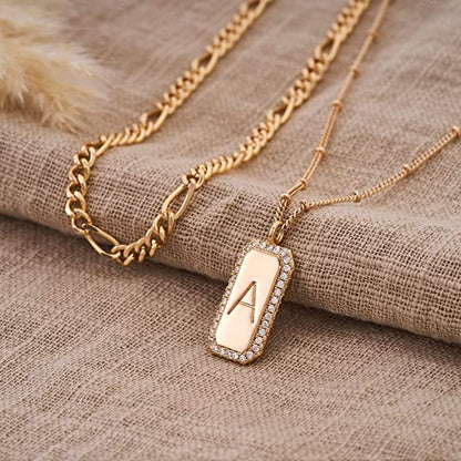 Gold Initial Necklace for Women 14K Gold Plated Figaro Chain Choker Layered Necklaces Set Bar Rectangle Pendant Necklaces Simple Dainty Letter Necklace Everyday Gold Jewelry - style: Letter O