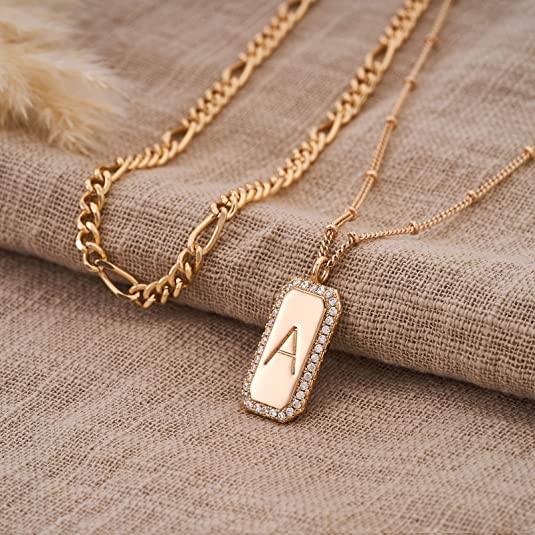 Gold Initial Necklace for Women 14K Gold Plated Figaro Chain Choker Layered Necklaces Set Bar Rectangle Pendant Necklaces Simple Dainty Letter Necklace Everyday Gold Jewelry - style: Letter H