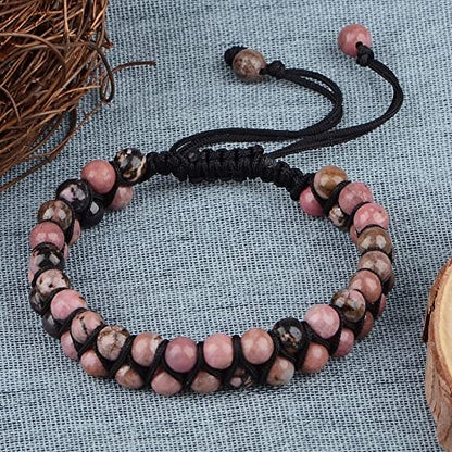 MASSIVE BEADS Double Layer Natural Chakra Healing Power Crystals Macrame Bracelet Yoga Stone Beads Gemstone Meditation Relax Anxiety Bangle for Unisex Women Men - color: Pink Black Rhodonite, size: 6mm