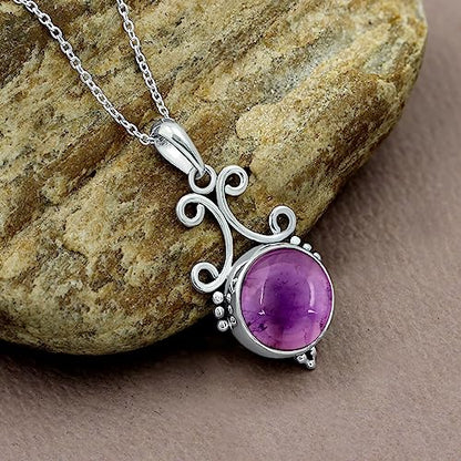 Natural Round Gemstone Pendant Necklace for Women, 925 Sterling Silver | Solitaire Birthstone Jewelry With 18 Inch Chain, Handmade Semi Precious Stone Pendant, Jewelry Gift for Mom, Wife & Sister - color: Amethyst