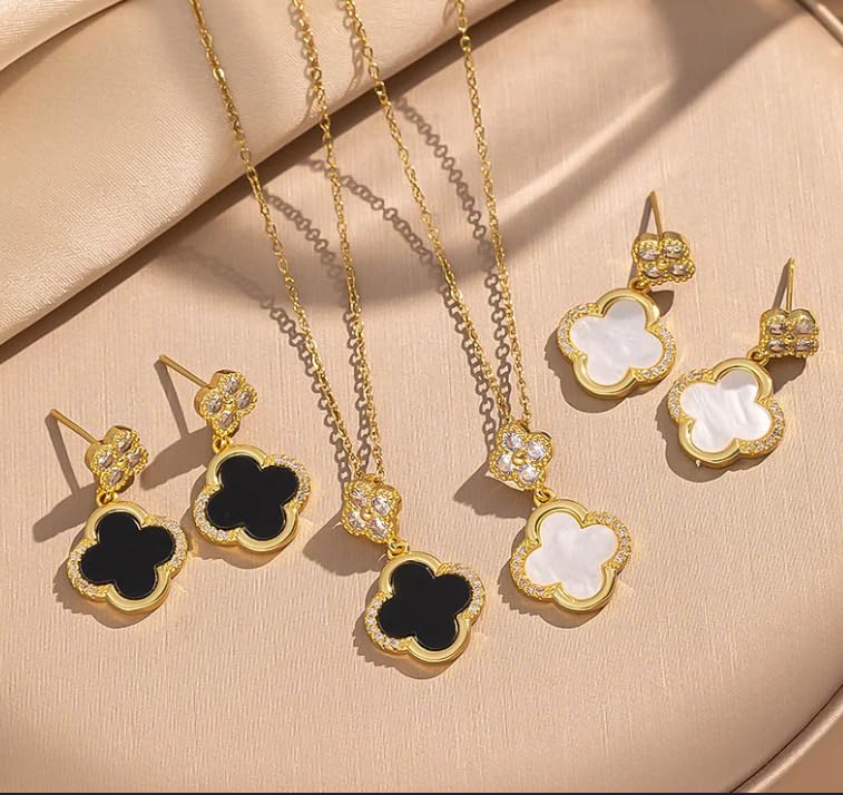 ZYRA Gold Plated Clover Four Leaf Necklace Pendant and Earrings for Women Clover Set Jewelry Gifts for Women - color: Black Gold