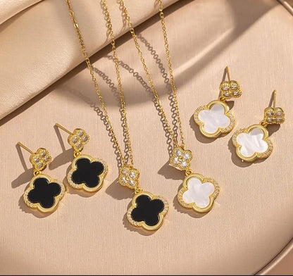 ZYRA Gold Plated Clover Four Leaf Necklace Pendant and Earrings for Women Clover Set Jewelry Gifts for Women - color: Black Gold