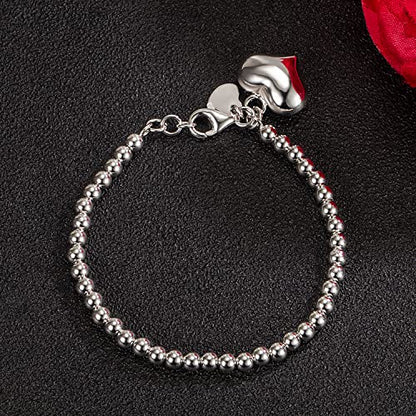 H&Beautimer 925 Sterling Silver 4-10MM Ball Chain Bracelet For Women's - Italian Handmade Bead Chain Bracelet 5''5.7''6.3''6.7''7.5''8''8.3''8.5''9 Inch Rose Gold Party Jewelry - color: 4MM Silver-Heart Pendant, size: 5.7 inches