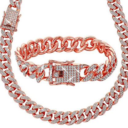 Hicarer 2 Pieces Cuban Link Chain for Men Women Cuban Necklace Bracelet Heavy Strong Link Chain Bling Unisex - color: Rose Gold, size: 17.72 Inch, 7.87 Inch