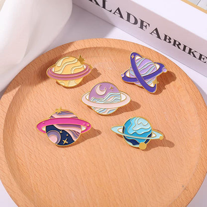 Cartoon Animal Enamel Brooch Set Cute Butterfly Duck Cat Lapel Pins for Backpacks Jacket Decoration Gifts for Friends - style: Solar System