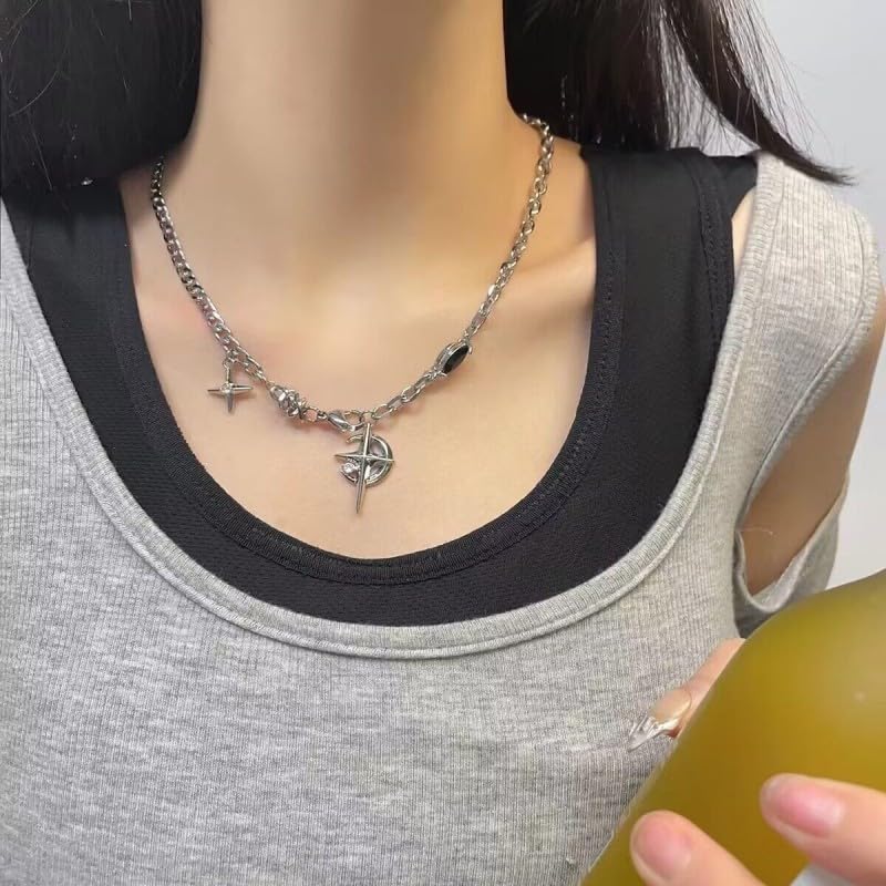 Stainless Steel Star Moon Starburst Pendant Necklace, Punk Black Onyx CZ Chain Necklace for Men Women, Hip Hop Y2K Cool Jewelry Gift