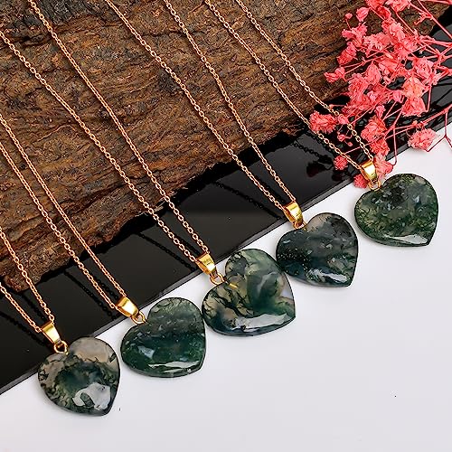 AURA GEMS Moss Agate Cabochon Heart Shape Pendant Necklace, Natural Gemstone, Women Jewelry, Energy Healing Crystals, Calm Chakra, Birthstone, Gift for Women, Gold Plated Jewelry 18 inch, AA+ Quality