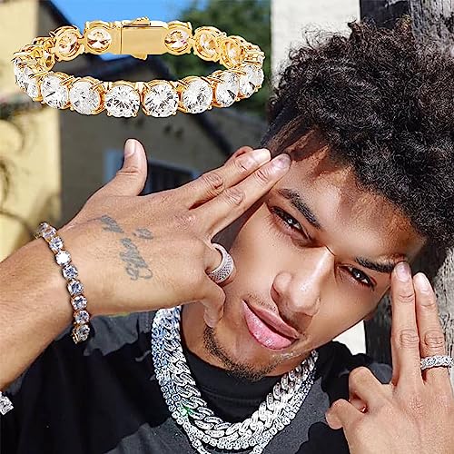 10MM Cubic Zirconia Tennis Bracelet 14K Gold Plated 5A+ Cubic Zirconia Iced Out Tennis Bracelet Spring buckle Bracelet For Men And Women - color: Gold, size: 7