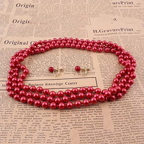 Handmade Faux Pearl Necklace and Clip on Earrings Jewelry Sets for Women Bib Choker Collar Necklace - color: 140cm Red-Necklace+Screw Clip Earrings