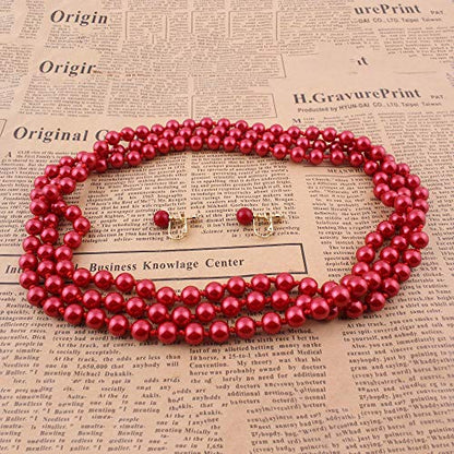 Handmade Faux Pearl Necklace and Clip on Earrings Jewelry Sets for Women Bib Choker Collar Necklace - color: 140cm Red-Necklace+Screw Clip Earrings
