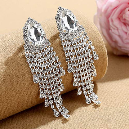 Silver Rhinestone Crystal Bridal Chandelier Long Tassels Dangle Earrings for Wedding - color: J-10